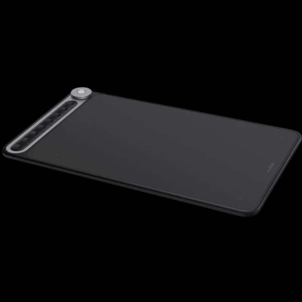 Huion Q620M Tableta Gráfica con superficie negra amplia, rueda de control plateada y 8 teclas rápidas laterales, bordes redondeados y acabado mate
