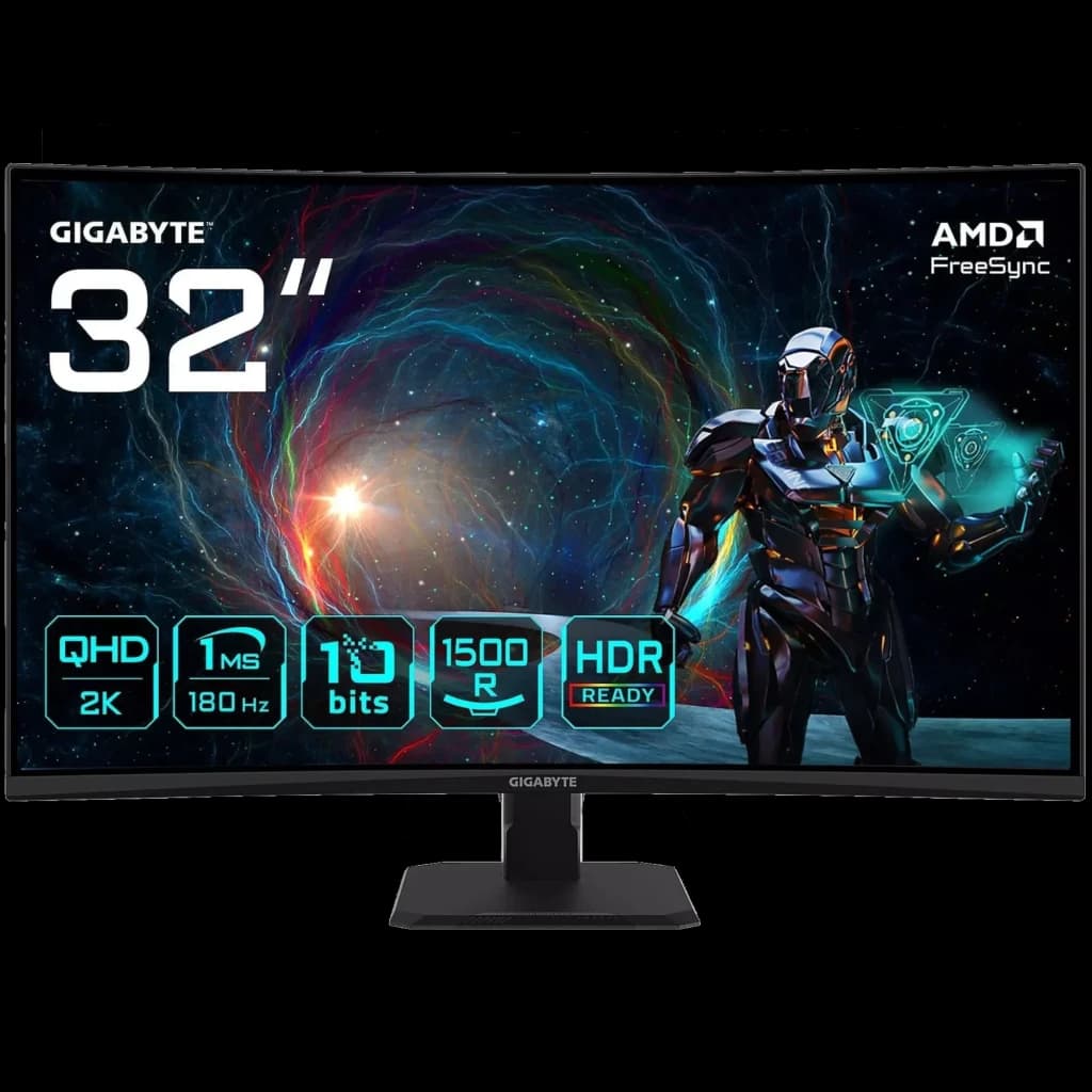 Moniteur PC GIGABYTE 32 pouces QHD incurvé 1500R, 180 Hz, 1 ms, 10 bits, HDR Ready, FreeSync, cadre fin noir, pied stable et réglable