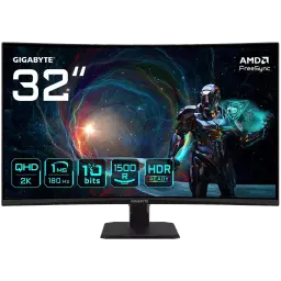 Moniteur PC GIGABYTE 32 pouces QHD incurvé 1500R, 180 Hz, 1 ms, 10 bits, HDR Ready, FreeSync, cadre fin noir, pied stable et réglable