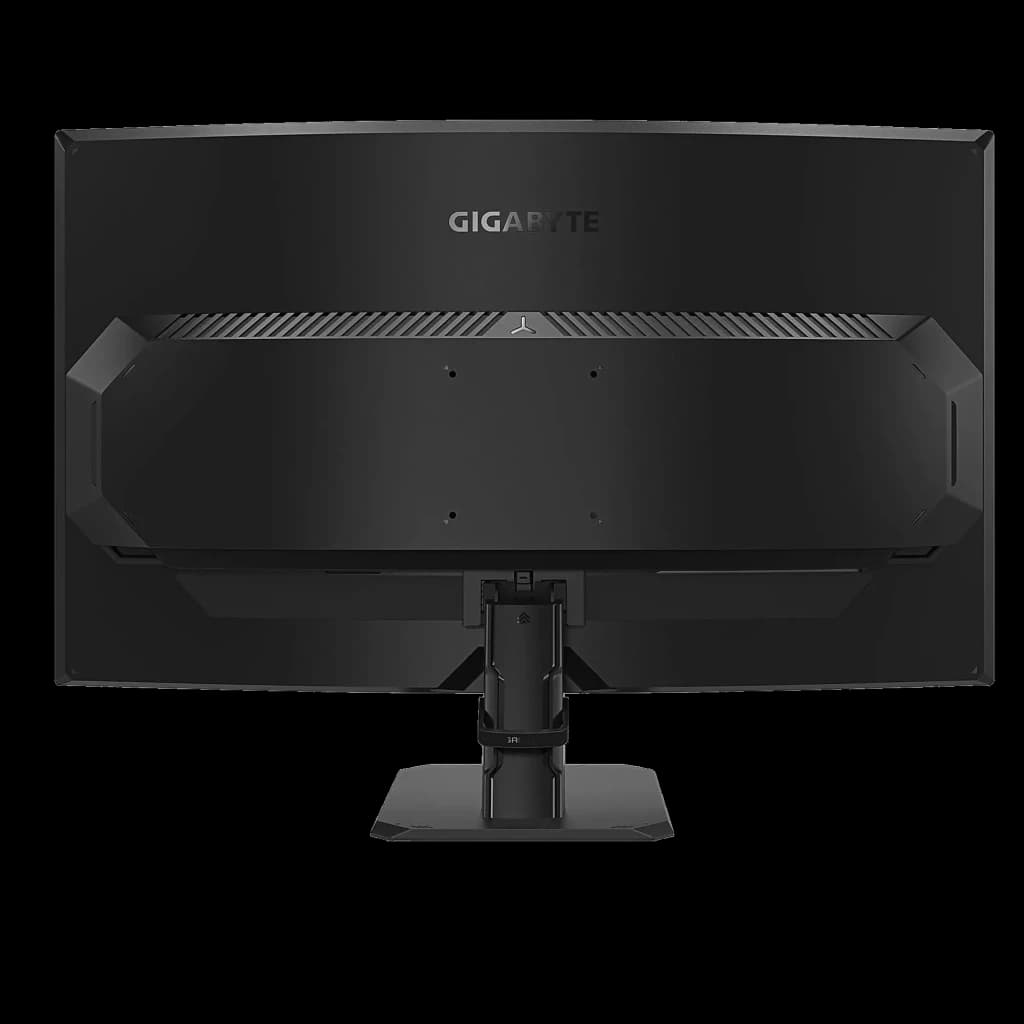 Dos du moniteur GIGABYTE GS32QCA noir mat avec support central robuste, passages de câbles intégrés et fixation VESA, lignes angulaires discrètes