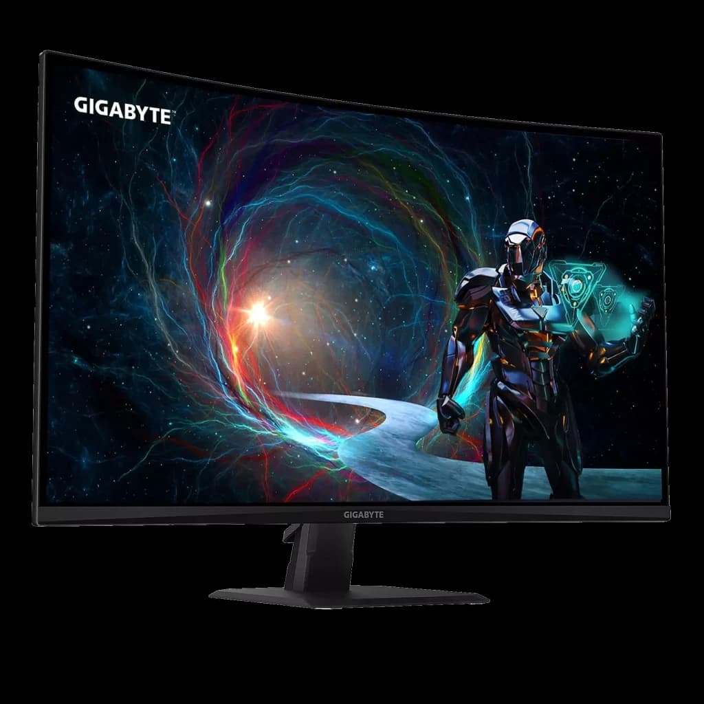 Moniteur courbé 32 pouces noir, bords fins, pied robuste, écran QHD lumineux affichant un visuel futuriste coloré, logo GIGABYTE discret en haut à gauche