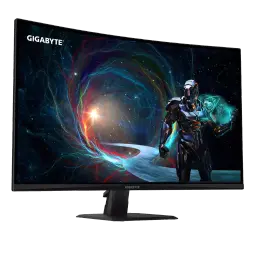 Moniteur courbé 32 pouces noir, bords fins, pied robuste, écran QHD lumineux affichant un visuel futuriste coloré, logo GIGABYTE discret en haut à gauche
