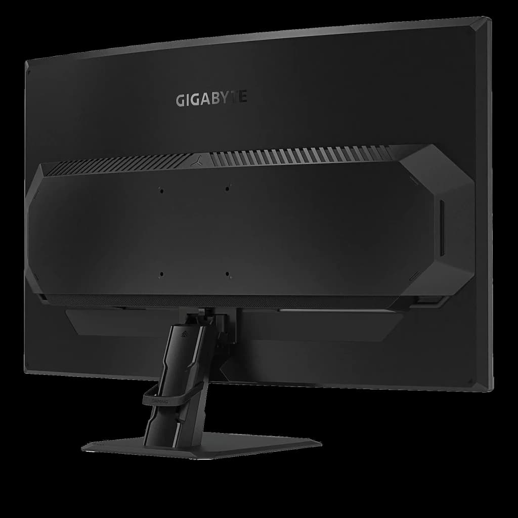 Moniteur GIGABYTE GS32QCA noir, dos mat avec évents angulaires, support réglable robuste, gestion des câbles intégrée, bords fins pour setup gaming