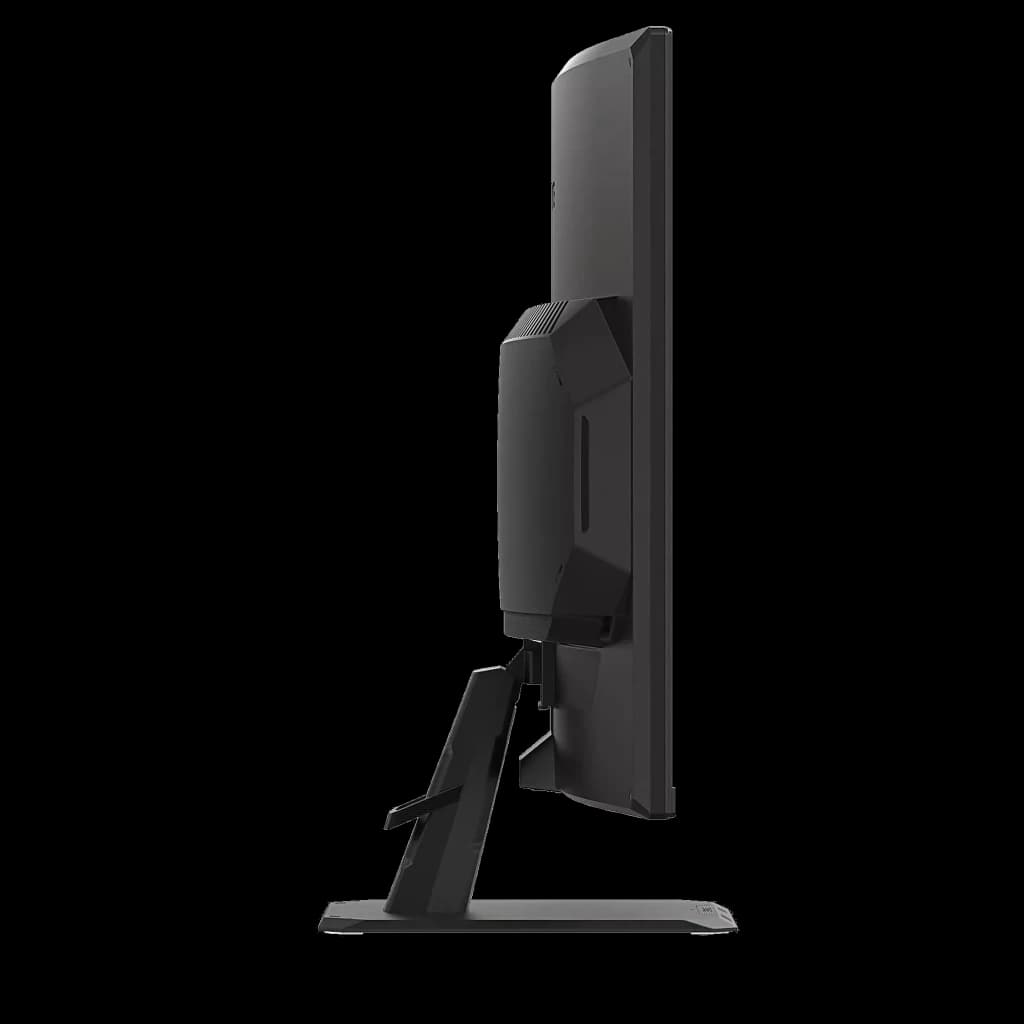 Profil latéral du moniteur GIGABYTE GS32QCA noir avec pied anguleux et support robuste, cadre fin et design épuré mettant en avant une dalle 32 pouces