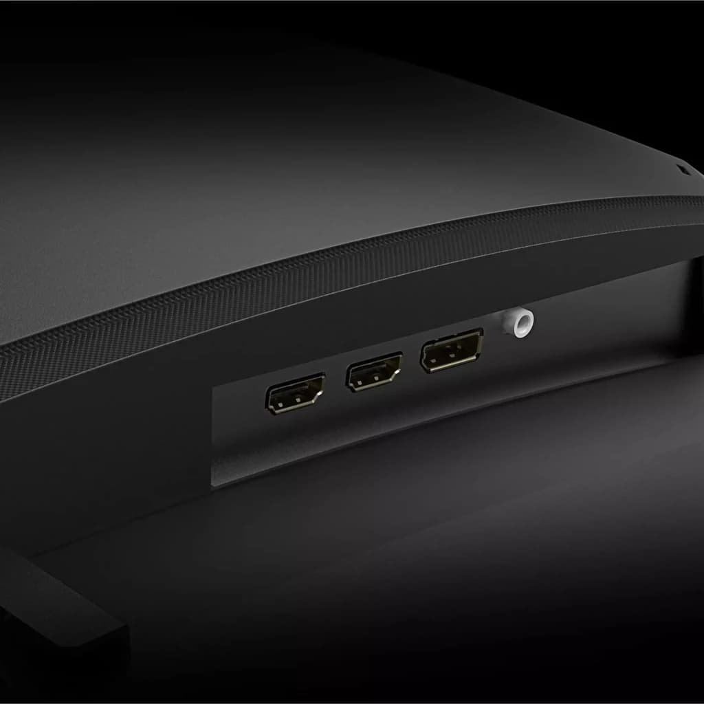 Panneau arrière du moniteur GIGABYTE GS32QCA: deux ports HDMI, un DisplayPort et prise audio, finition noire mate avec évents discrets pour ventilation