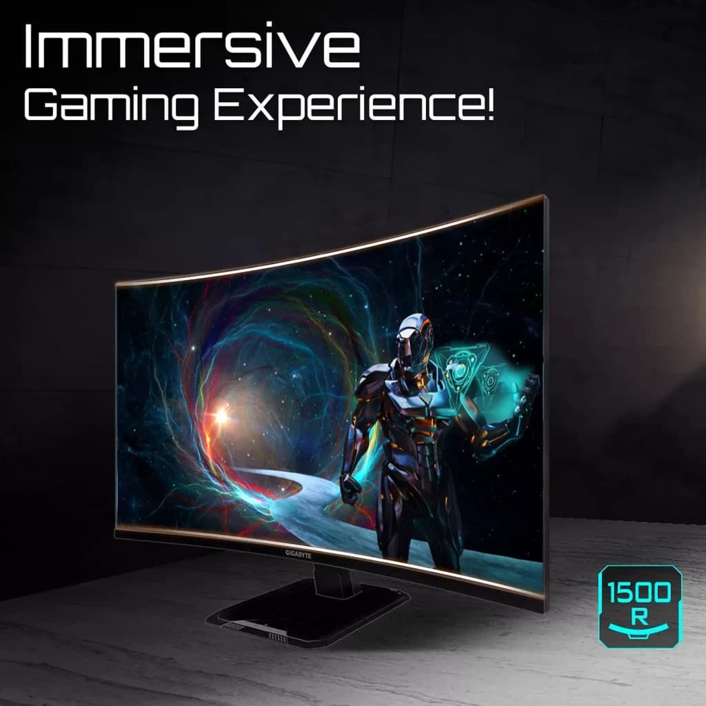 Moniteur incurvé 32 pouces QHD noir, écran 1500R aux bords fins, couleurs vives et design gaming, base stable GIGABYTE pour immersion optimale