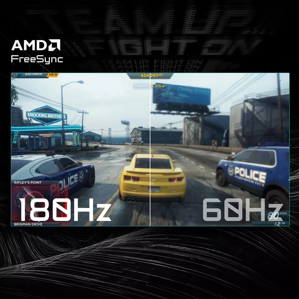 Écran gaming courbé 32" QHD noir, 180 Hz et 1 ms avec AMD FreeSync. Comparatif 180 Hz vs 60 Hz montrant fluidité et netteté accrues en jeu.