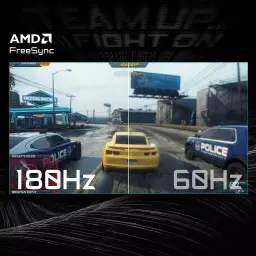 Écran gaming courbé 32" QHD noir, 180 Hz et 1 ms avec AMD FreeSync. Comparatif 180 Hz vs 60 Hz montrant fluidité et netteté accrues en jeu.