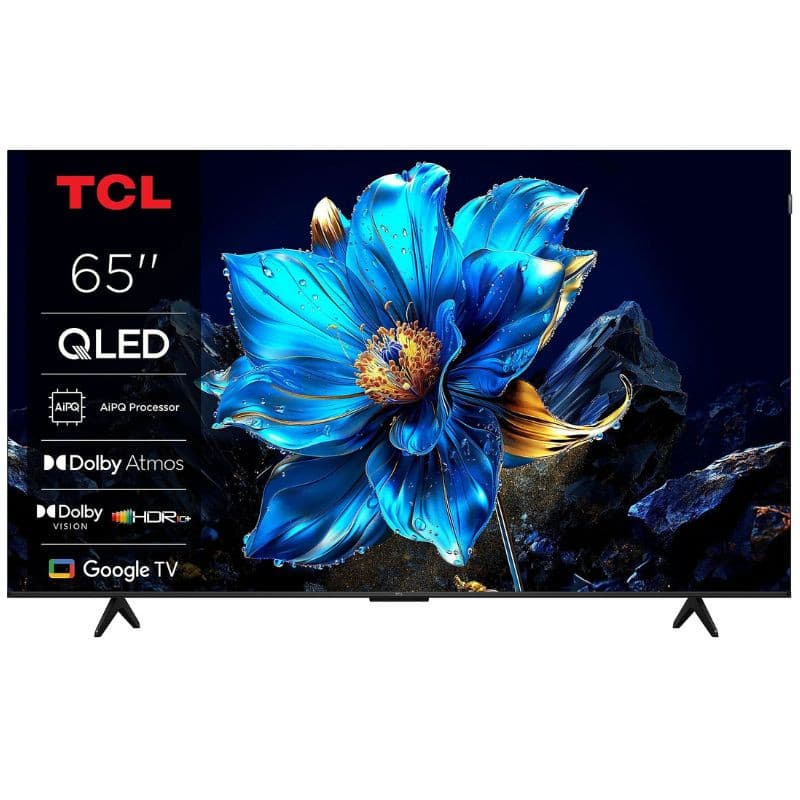 TCL 65P7K 65" 4K UHD Smart TV negro con panel QLED, HDR, Dolby Vision/Atmos y Google TV; biseles delgados y patas dobles para soporte estable.