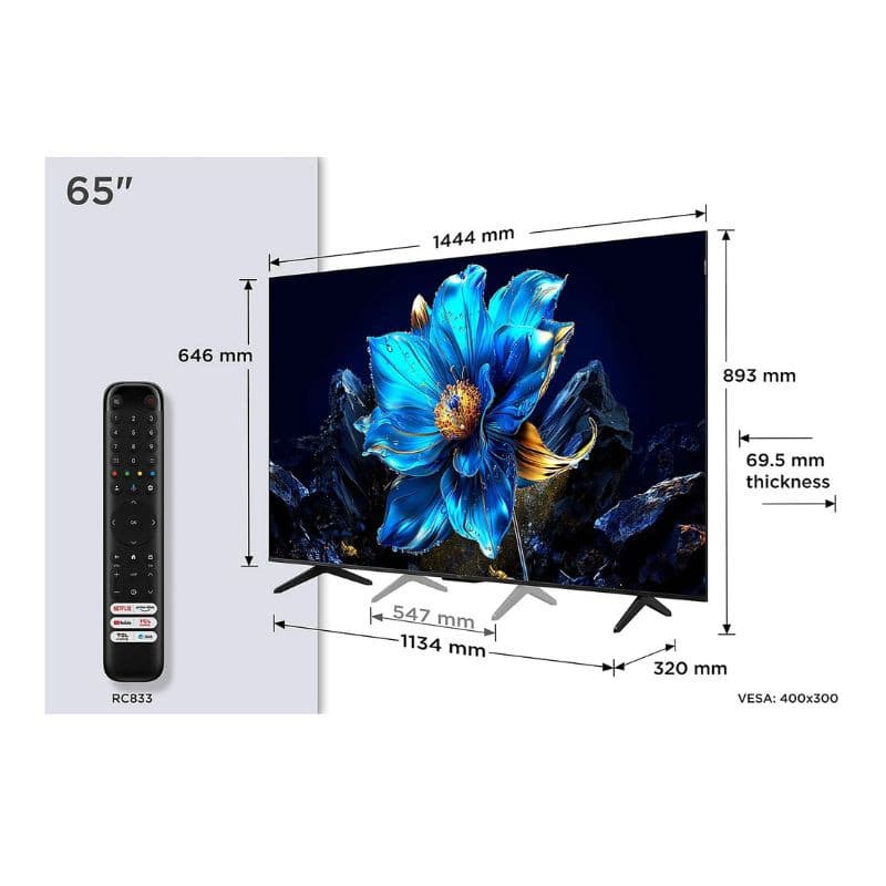 TCL 65P7K 65" 4K UHD Smart TV negro con biseles delgados, peanas dobles, grosor 69.5 mm, VESA 400x300. Incluye control remoto RCB33.