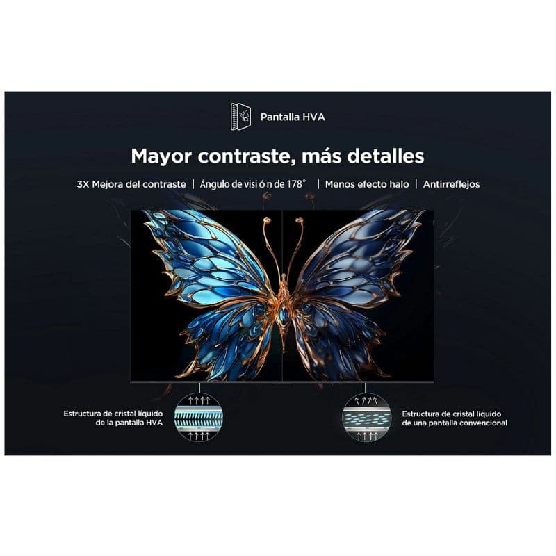 Pantalla HVA con alto contraste, antirreflejos y ángulo de visión 178°. Muestra mariposa detallada en 4K, colores vivos y negros profundos. Modelo TCL 65P7K.