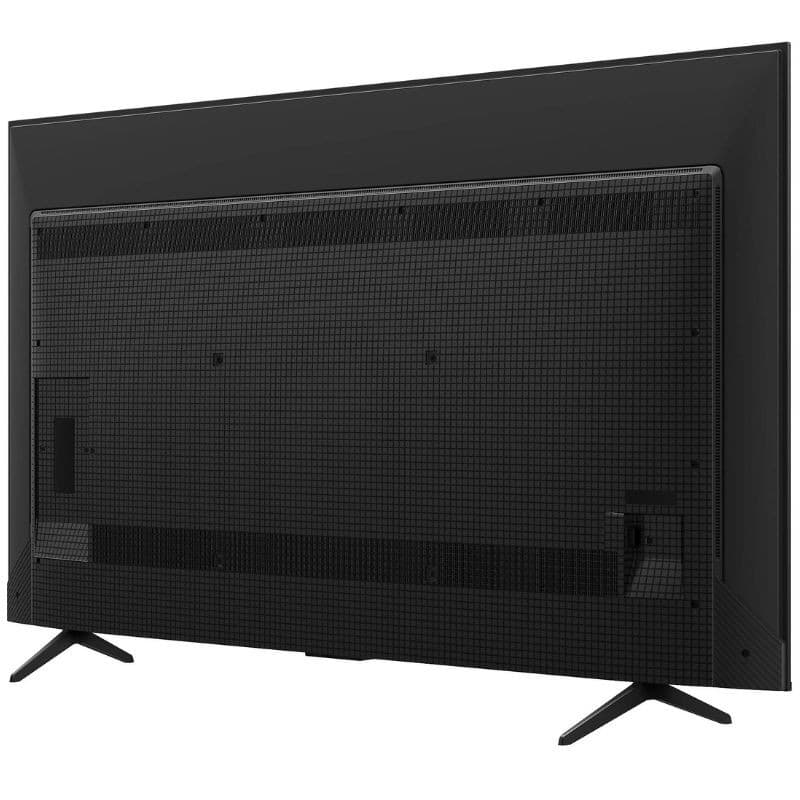 TCL 65P7K 65" 4K UHD Smart TV negro, panel delgado con bisel mínimo, soporte de dos patas, trasera texturizada con rejilla y puertos laterales accesibles.