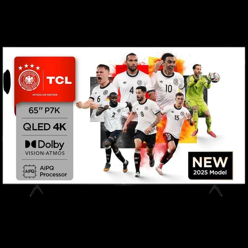 TCL 65P7K 65" 4K UHD Smart TV negro - Desprecintado con marcos finos, patas dobles y panel QLED; incluye sellos Dolby Vision/Atmos, AiPQ Processor y modelo 2025.