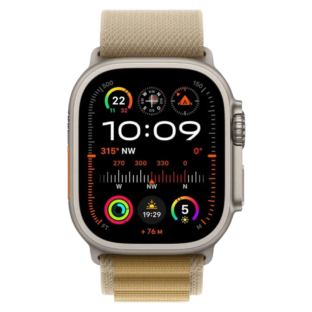 Apple Watch Ultra 2 49 mm GPS + Cellular en titane avec grand écran lumineux, couronne orange et bracelet Alpine bronzé en tissu robuste et ajustable - Ítem1