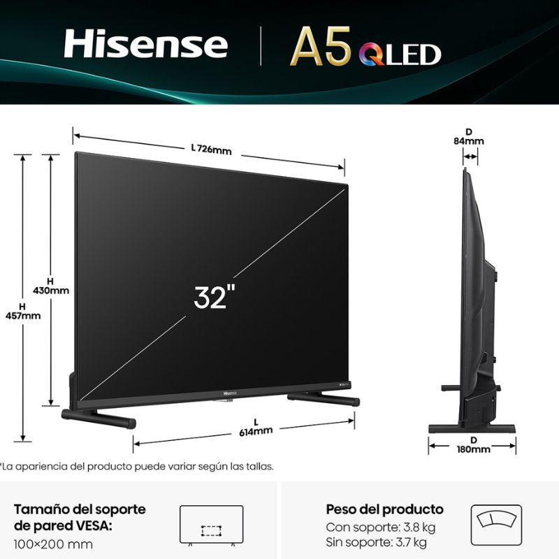 Hisense 32A5Q 32 pouces QLED FHD Noir avec HDR10, cadre fin, logo Real Madrid, double position de pied, écran plat lumineux et contrastes saisissants - Ítem3