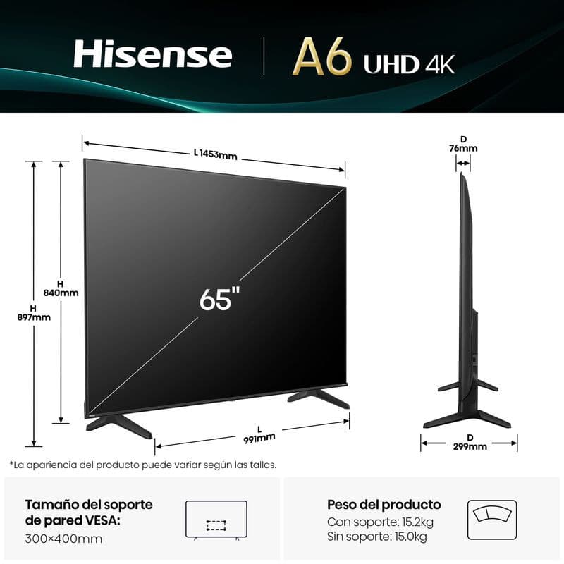 Dimensões de Hisense 65A6Q Preto