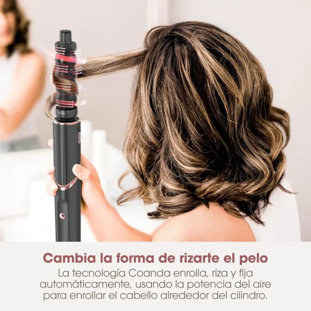Embout boucleur FlexStyle noir et rose avec technologie Coanda, cylindre qui enroule automatiquement les mèches pour des boucles définies et brillantes