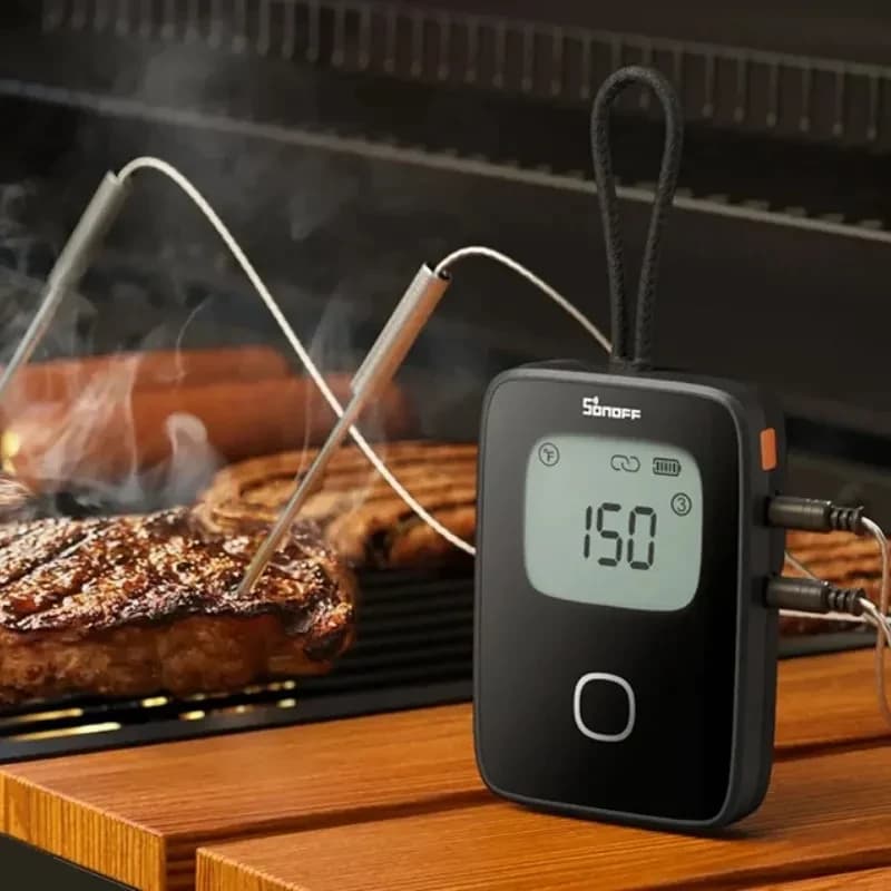 SONOFF BBQ BMT01 termómetro para carne con pantalla digital grande, sonda metálica doble y cable resistente al calor, ideal para parrilla y asados