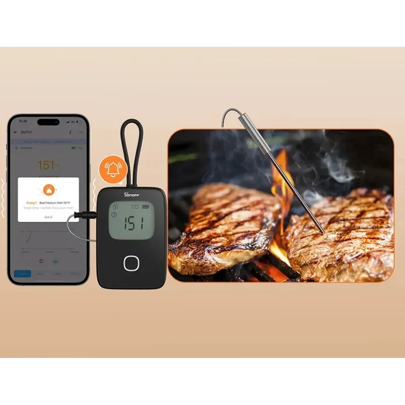 SONOFF BBQ BMT01 Thermomètre pour viande avec écran numérique lisible, indicateurs Bluetooth et batterie, boîtier noir compact avec bouton central - Ítem5