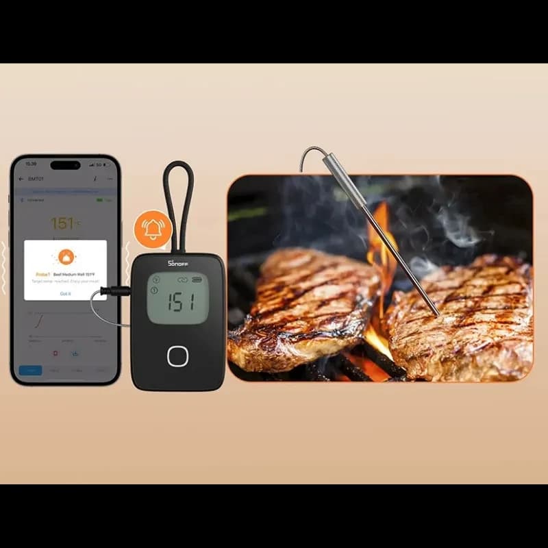 SONOFF BBQ BMT01 - Termómetro para carne con sonda de acero, pantalla digital, alerta sonora y app móvil; ideal para parrilla y cocción precisa