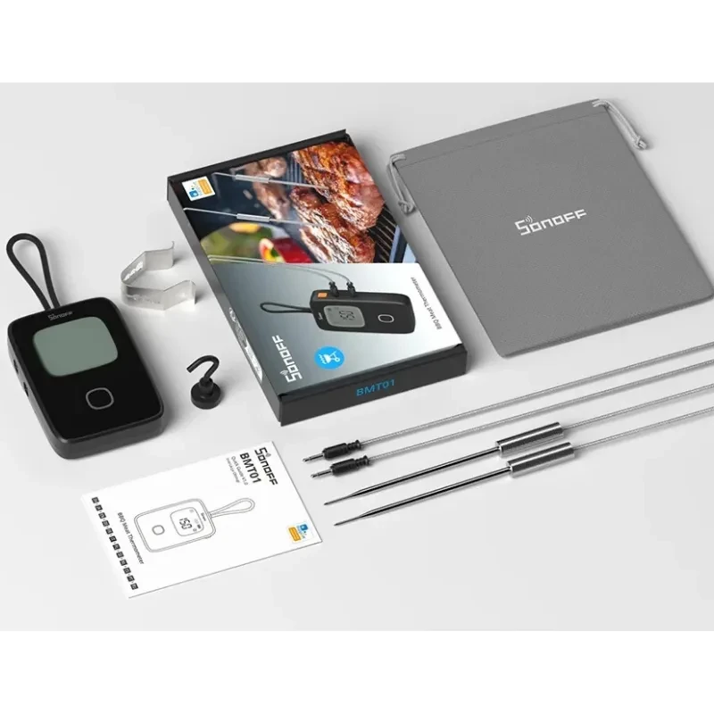 SONOFF BBQ BMT01 Thermomètre pour viande avec écran numérique lisible, indicateurs Bluetooth et batterie, boîtier noir compact avec bouton central - Ítem1
