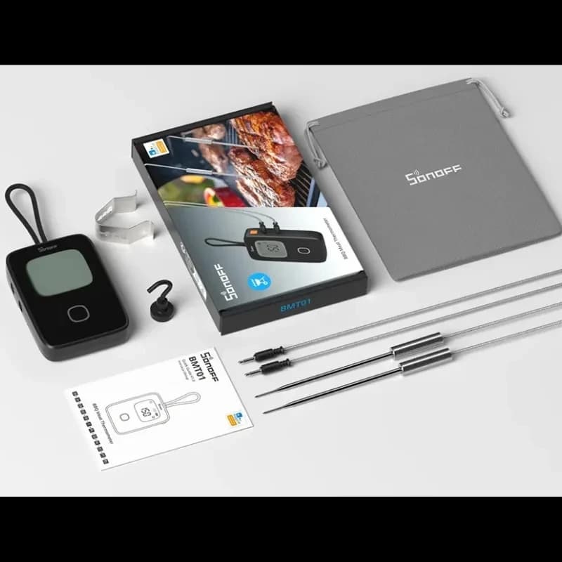 SONOFF BBQ BMT01 - Termómetro para carne con pantalla, sonda de acero, clip metálico, funda gris y cable; incluye manual y accesorios para parrilla y horno