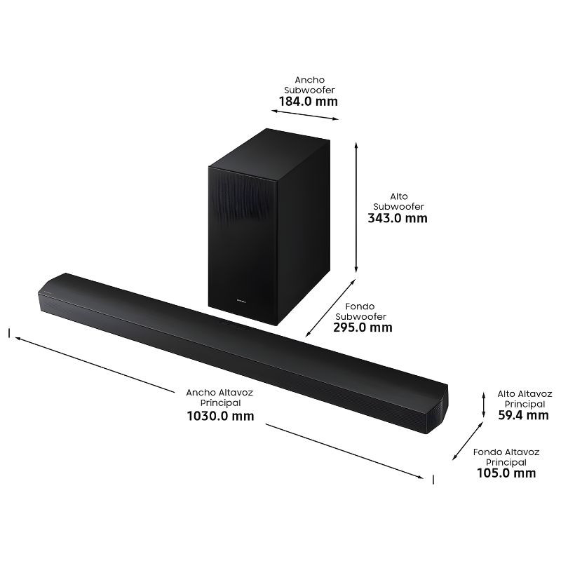 Samsung HW-B750F Negro barra de sonido con subwoofer inalámbrico; diseño minimalista en negro mate, rejilla frontal metálica y bordes curvos elegantes - Ítem4
