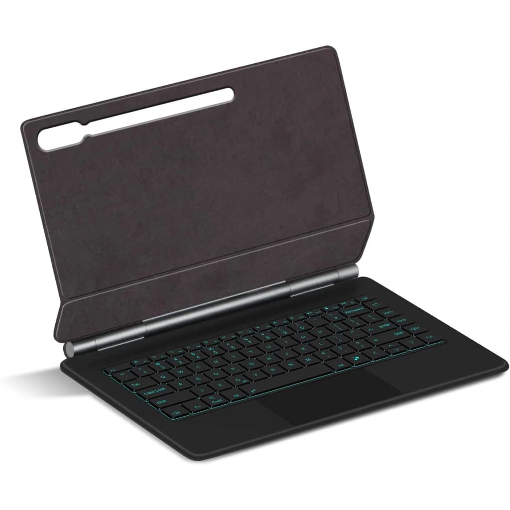 Funda con teclado para Galaxy Tab S10 Ultra en inglés, diseño tipo folio negro con soporte, recorte para cámara y teclas iluminadas en azul