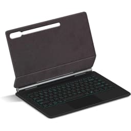 Funda con teclado para Galaxy Tab S10 Ultra en inglés, diseño tipo folio negro con soporte, recorte para cámara y teclas iluminadas en azul