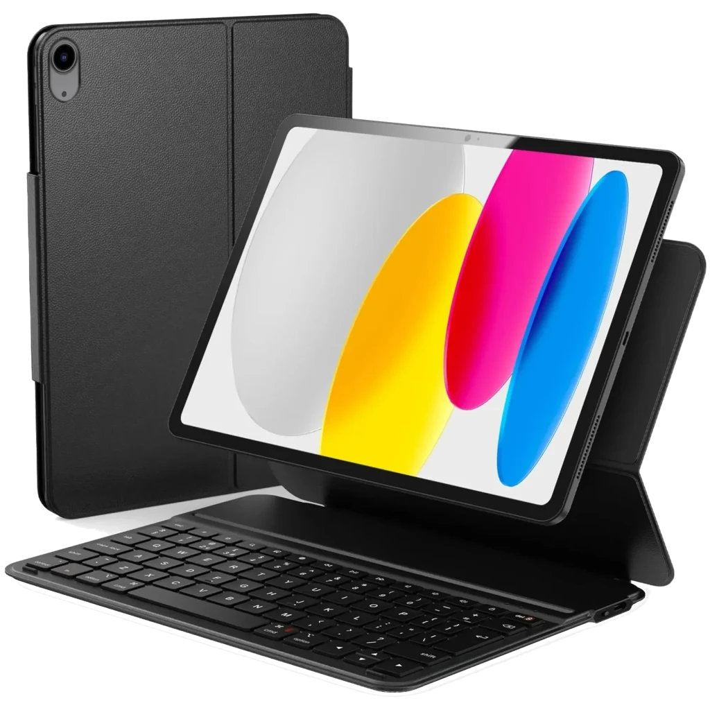 Funda con teclado para iPad 10ª Gen 10.9 en color negro, con soporte tipo atril, teclas en inglés, recortes precisos para cámara y puertos, diseño delgado - Ítem