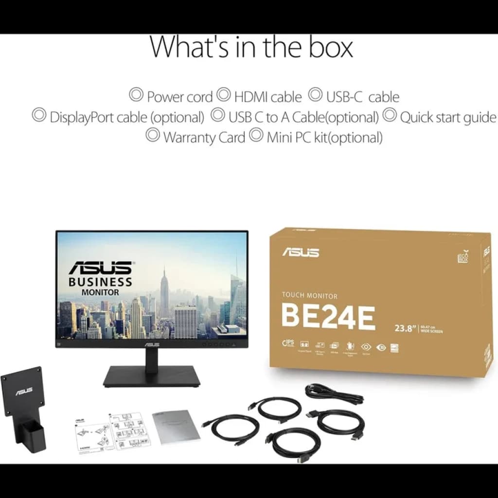 Moniteur tactile ASUS BE24ECSBT 24 pouces, écran IPS Full HD 75 Hz, bords fins, pied réglable, connectiques HDMI DisplayPort USB-C, design noir élégant