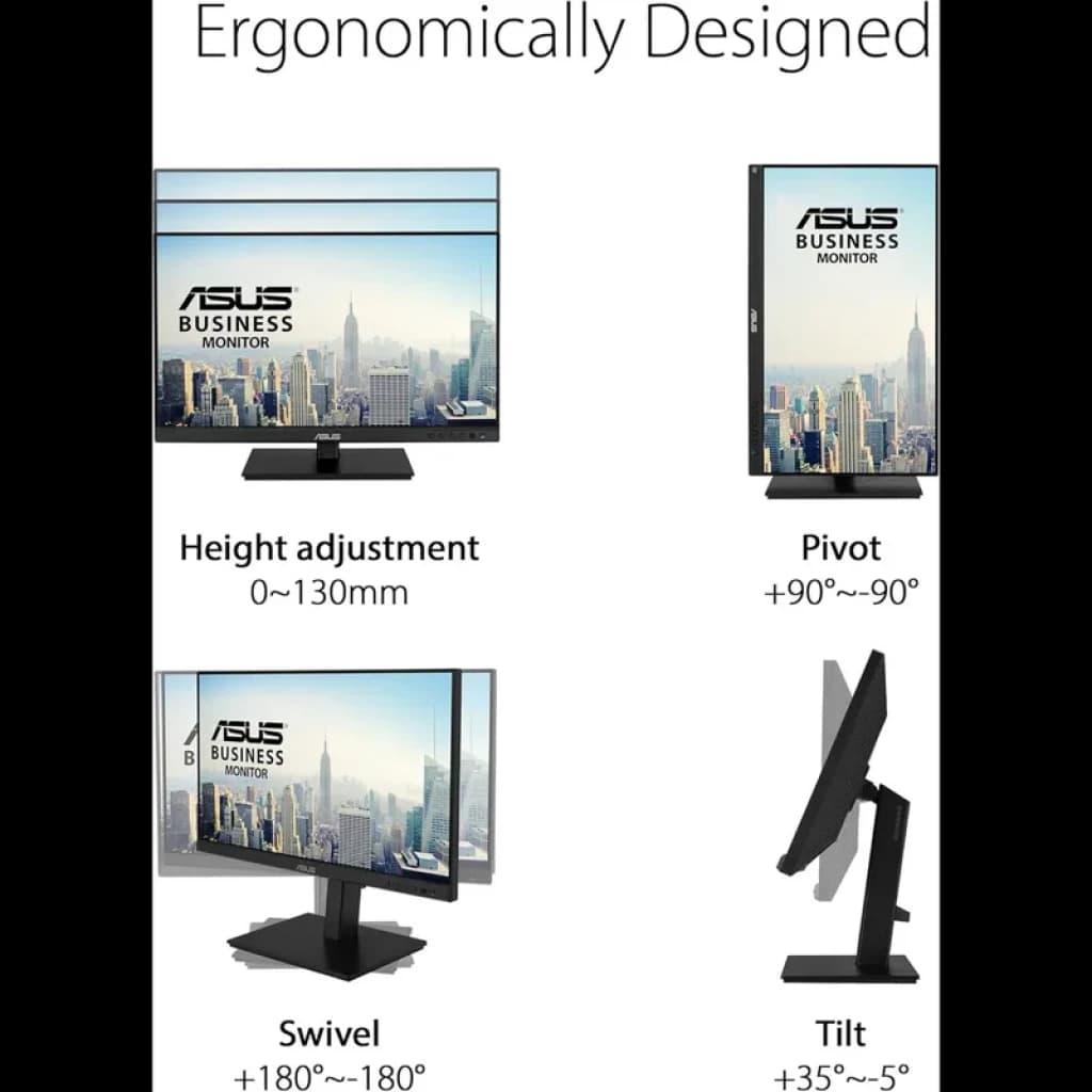 ASUS BE24ECSBT 24 pouces Full HD IPS tactile noir avec réglage hauteur 0 à 130 mm, pivot +90 à 90, rotation 180 à 180 et inclinaison 35 à 5 degrés