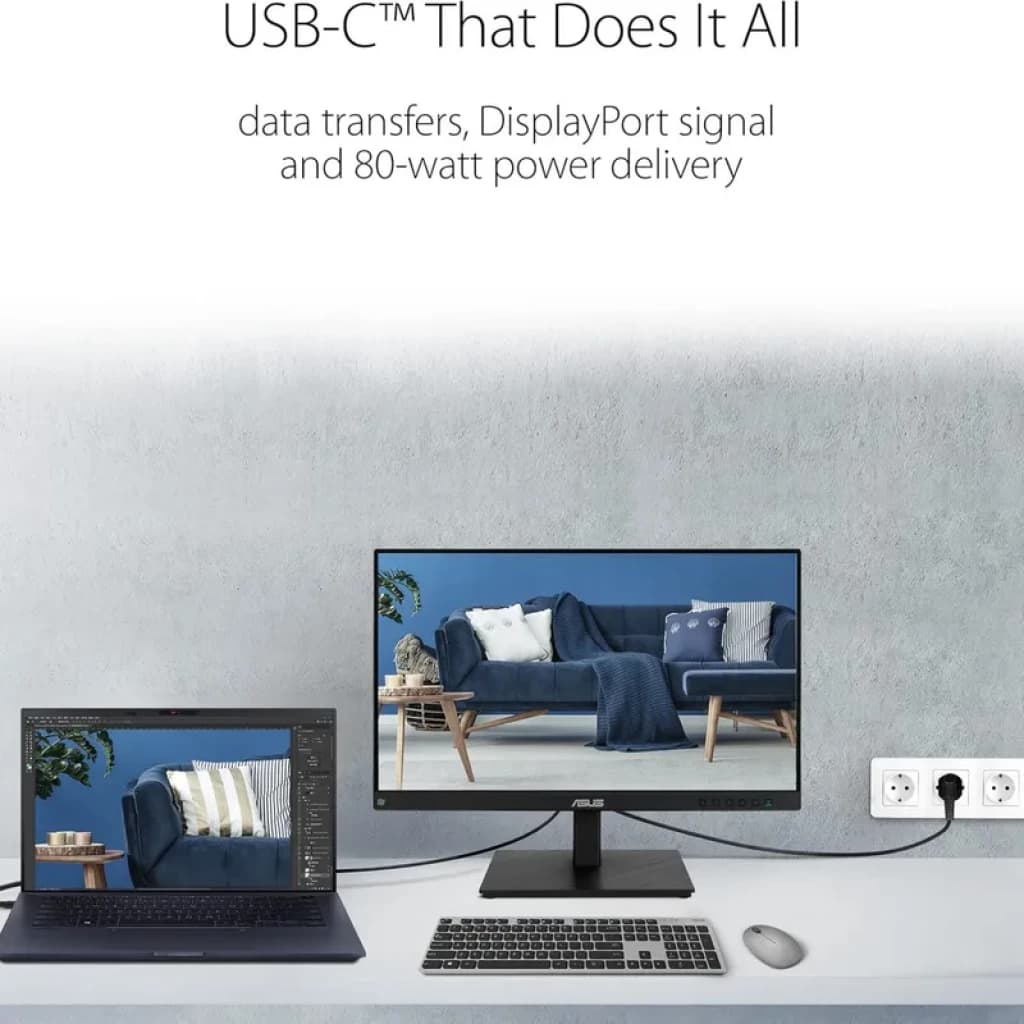 ASUS BE24ECSBT 24 pouces Full HD IPS tactile noir, bords fins, pied réglable, connectique USB C, clavier et souris visibles sur un bureau moderne