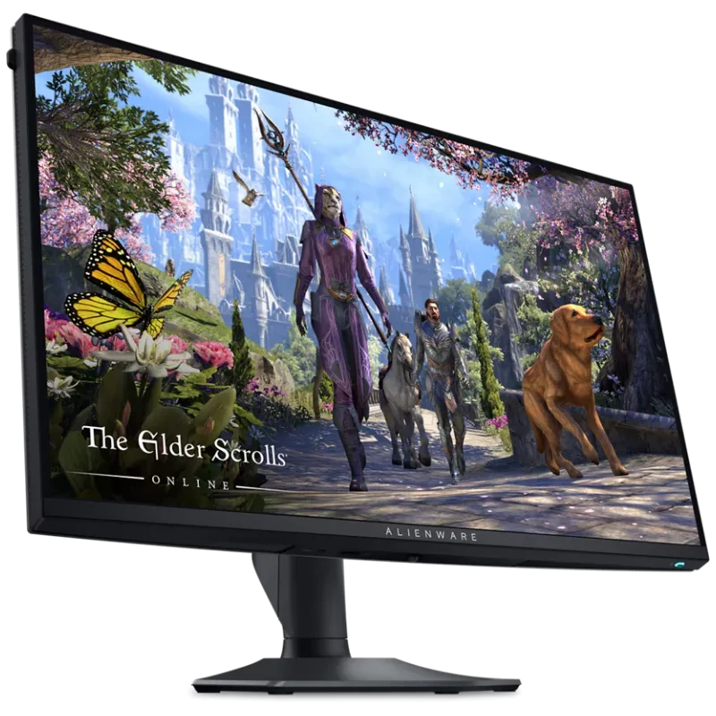 Monitor Alienware preto 27 polegadas com molduras finas, base robusta e tela IPS 4K; exibe jogo com cores vibrantes e movimento fluido a 360 Hz - Item1