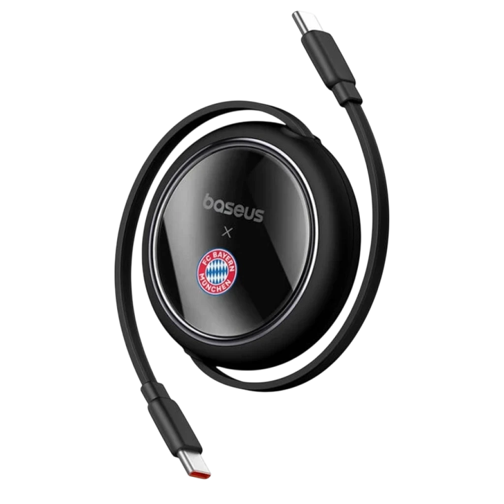 Câble USB‑C vers USB‑C 100 W Édition Bayern, Noir, avec boîtier rond noir brillant Baseus et logo Bayern, connecteurs USB‑C métalliques, design