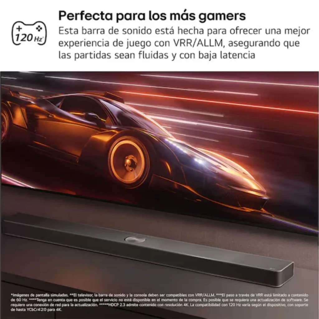 Barra de sonido LG S70TY 3.1.1 negra con subwoofer, diseño minimalista, indicador LED central y compatibilidad Dolby Atmos para audio envolvente 400 W