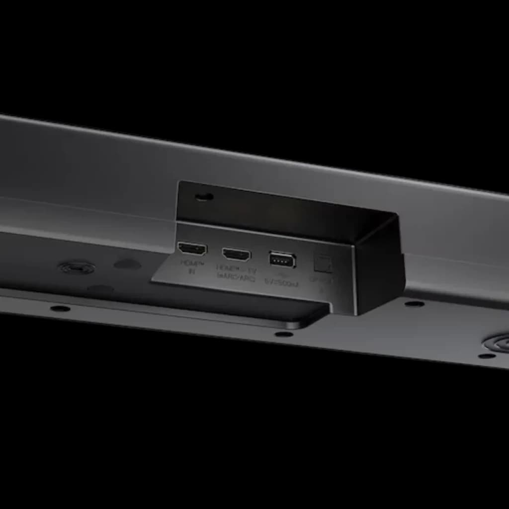 Puertos traseros de la barra LG S70TY: HDMI IN, HDMI TV eARC, USB y entrada óptica; diseño negro minimalista y acabado mate