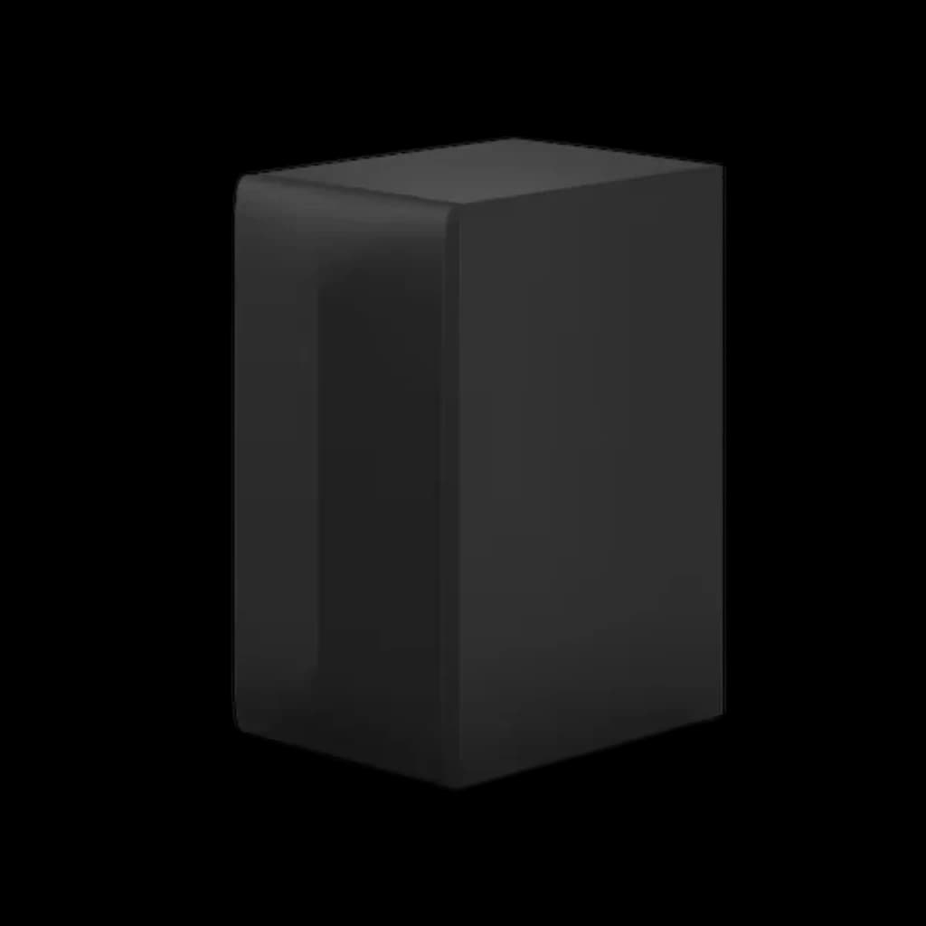 Subwoofer negro LG S70TY 400 W de líneas rectas y acabado mate, diseño compacto y minimalista para acompañar la barra de sonido Dolby Atmos