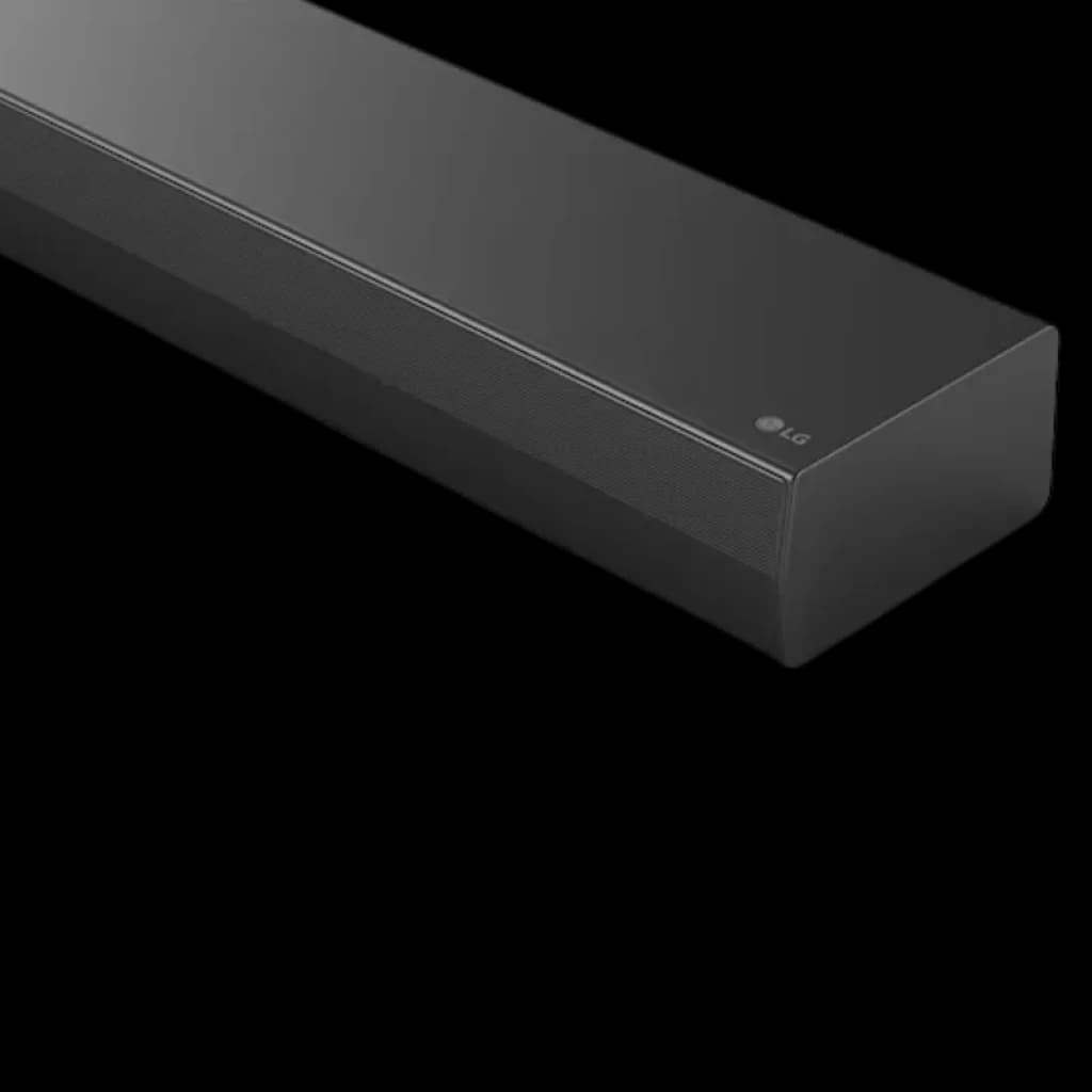 Barra de sonido LG S70TY negra, diseño minimalista con rejilla frontal metálica y acabado mate, ideal para montaje bajo TV y cine en casa