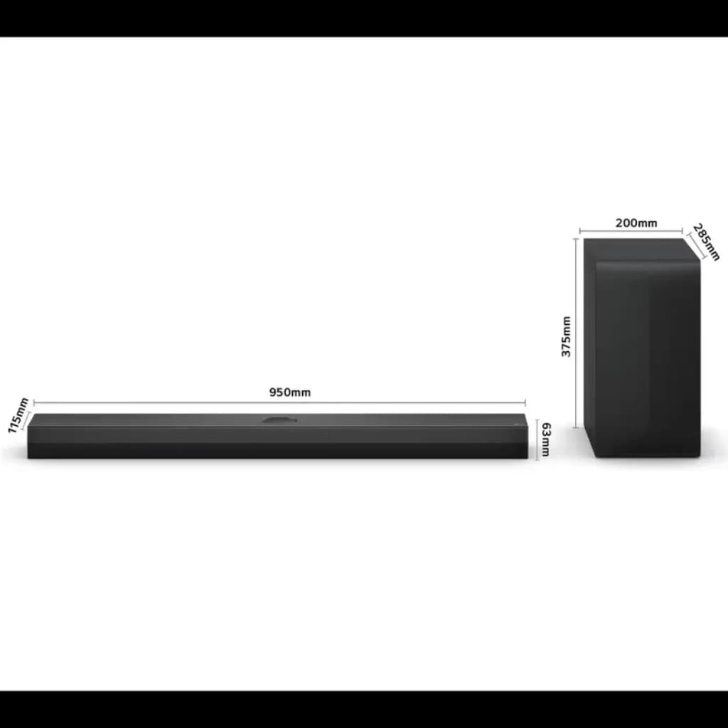 Barra de sonido LG S70TY negra con subwoofer; diseño minimalista, acabado mate. Medidas: barra 950 x 63 x 75 mm, subwoofer 200 x 403 x 375 mm