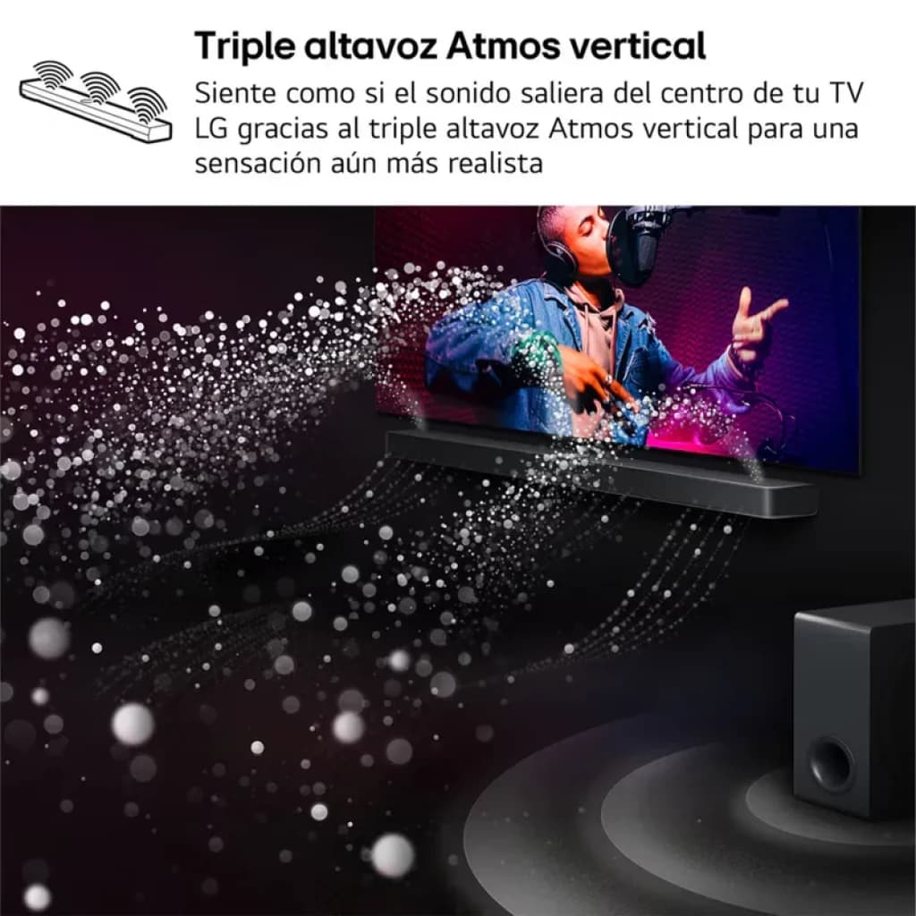 Barra de sonido LG S70TY 3.1.1 negra con subwoofer 400 W y Dolby Atmos; altavoz Atmos vertical triple para audio envolvente y sensación realista