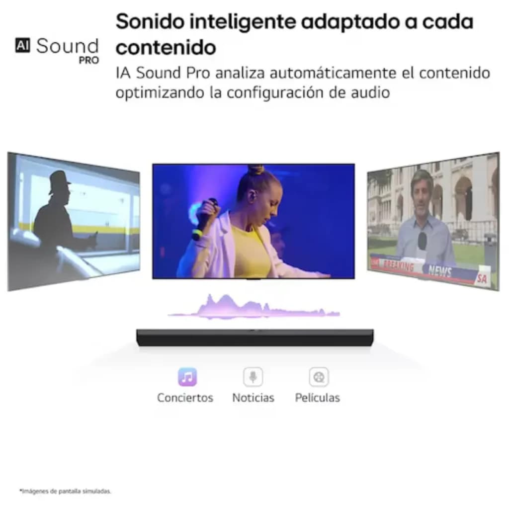 Barra de sonido LG S70TY negra con subwoofer 400 W, diseño minimalista. Compatible con Dolby Atmos. Indicadores frontales y controles táctiles superiores.