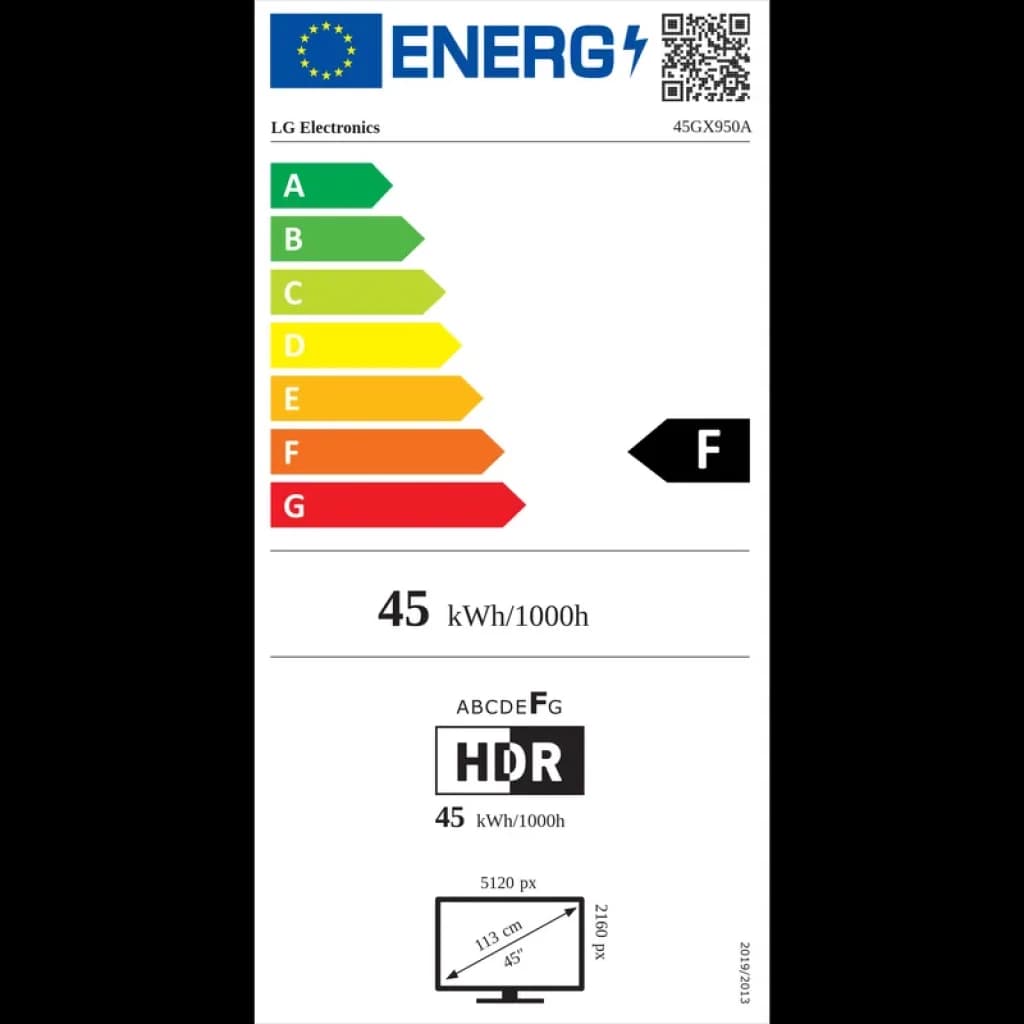 Étiquette énergie UE pour LG UltraGear 45GX950A-B incurvé OLED 44,5 po 5K2K 5120×2160 HDR, classe F, conso 45 kWh/1000 h, 165 Hz, 0,03 ms, FreeSync Premium