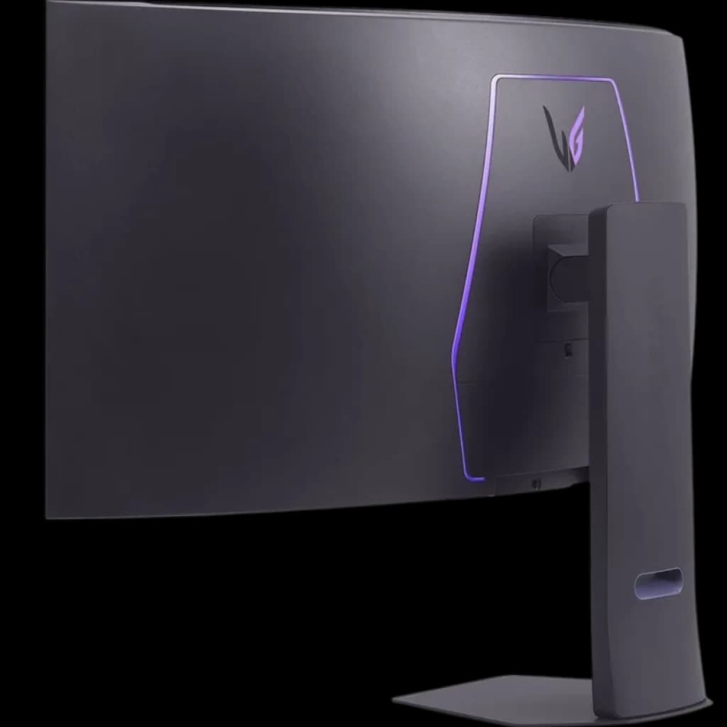 Dos incurvé du moniteur avec éclairage RGB violet, support solide et gestion de câbles discrète, finitions noires mates, design gamer élégant et