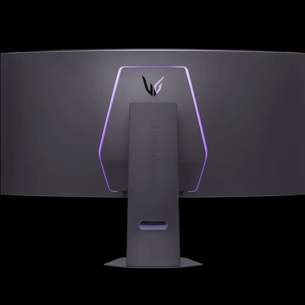 LG UltraGear 45GX950A-B incurvé 44,5 pouces OLED, dos noir mat avec éclairage violet, logo en V, support central robuste et passe-câbles intégré