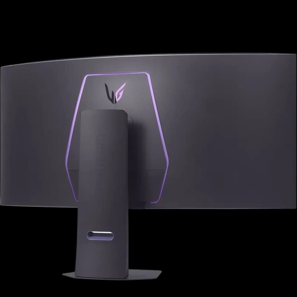 Arrière du moniteur incurvé LG UltraGear 45GX950A-B avec éclairage violet, coque noire mate, logo stylisé et pied central robuste avec passe-câbles