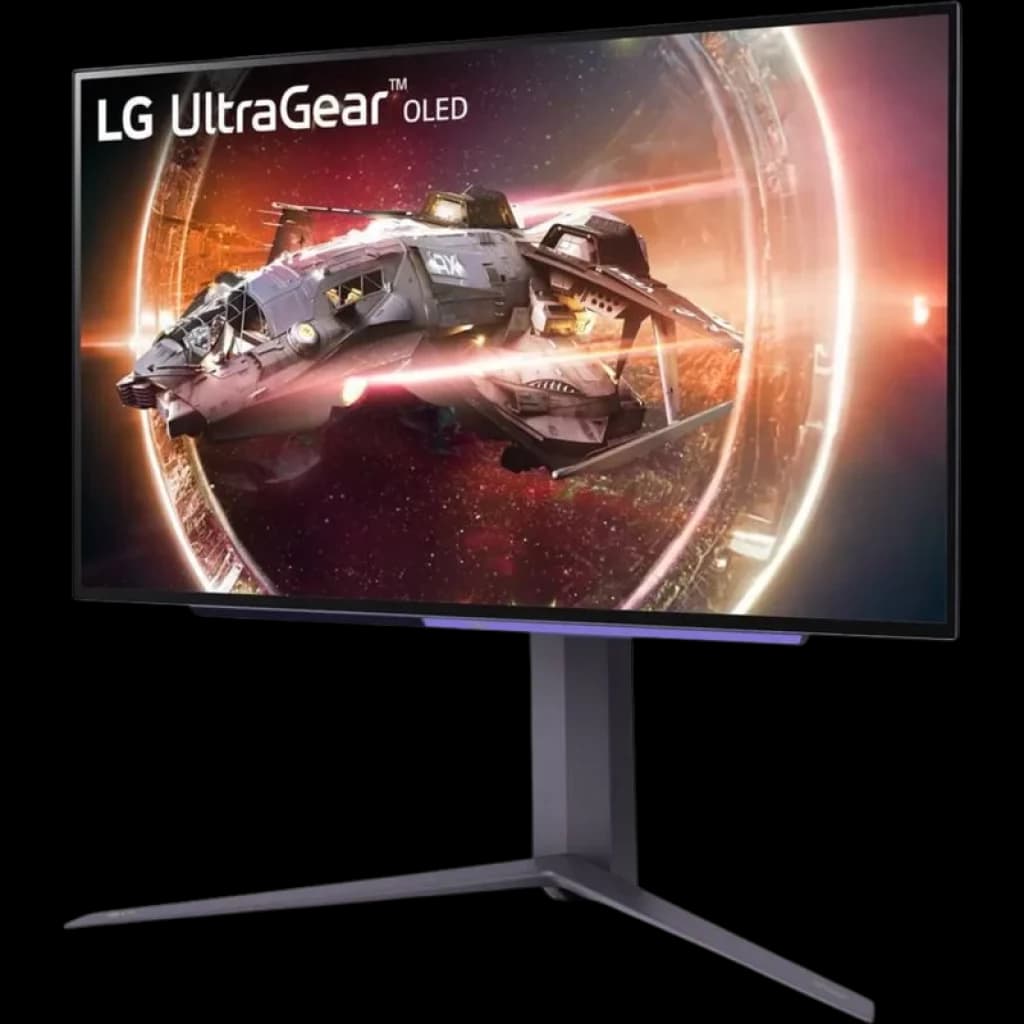 Monitor LG UltraGear 27OLED com tela curva fina, base ajustável e bordas mínimas, exibindo jogo sci-fi vibrante; design gamer premium e moderno