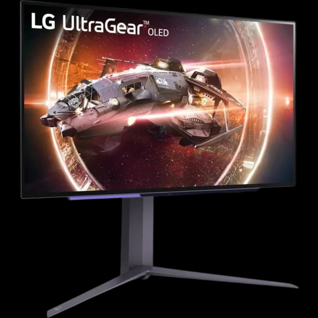 Monitor LG UltraGear 27GS95QX-B de 27 polegadas com painel OLED, QHD 2K, design gamer com base em V, bordas finas e tela exibindo nave espacial futurista
