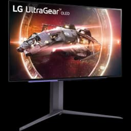Monitor LG UltraGear 27GS95QX-B de 27 polegadas com painel OLED, QHD 2K, design gamer com base em V, bordas finas e tela exibindo nave espacial futurista