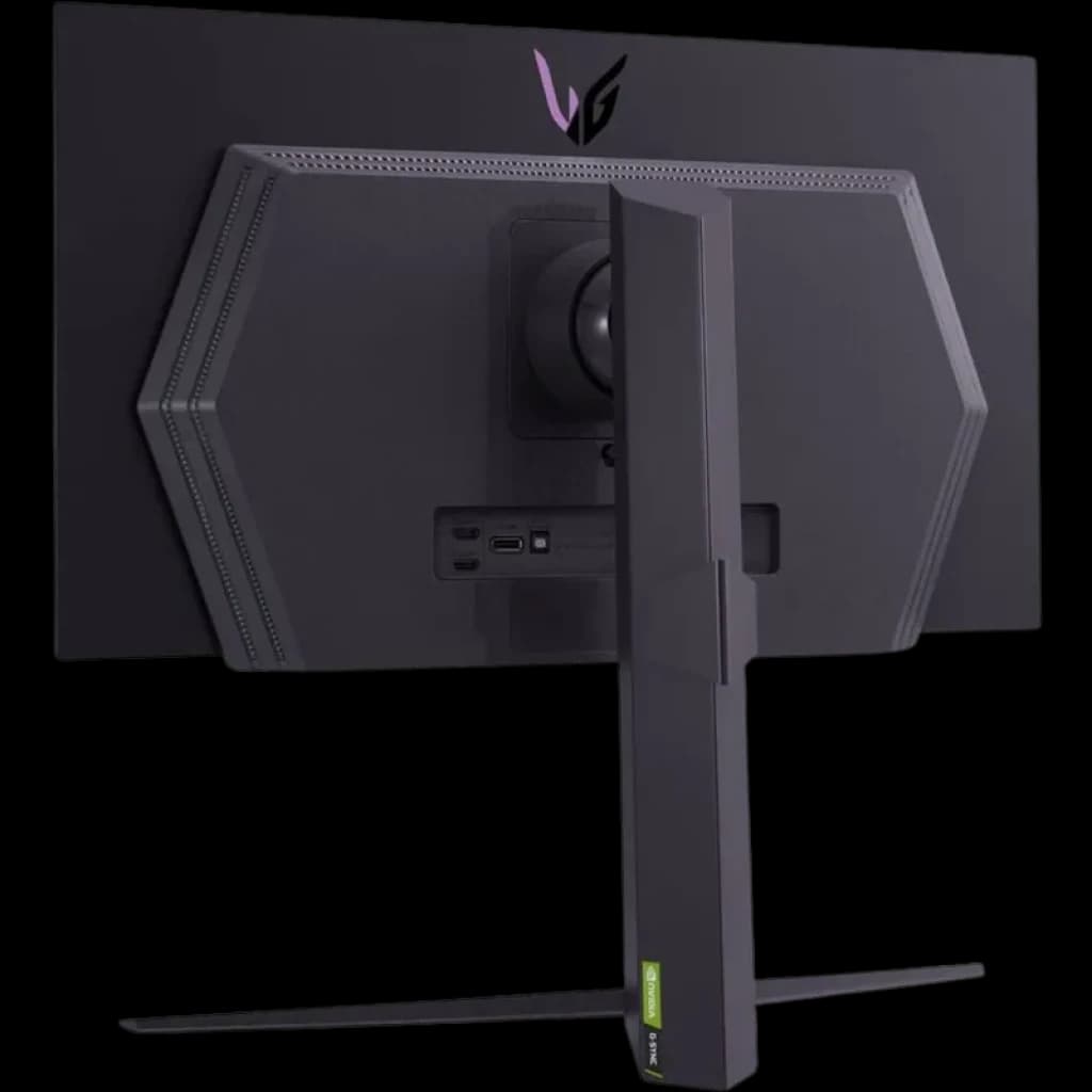 Traseira do monitor LG UltraGear 27GS95QX-B com stand robusto, logo LG iluminado, portas acessíveis e design angular em preto para setup gamer elegante